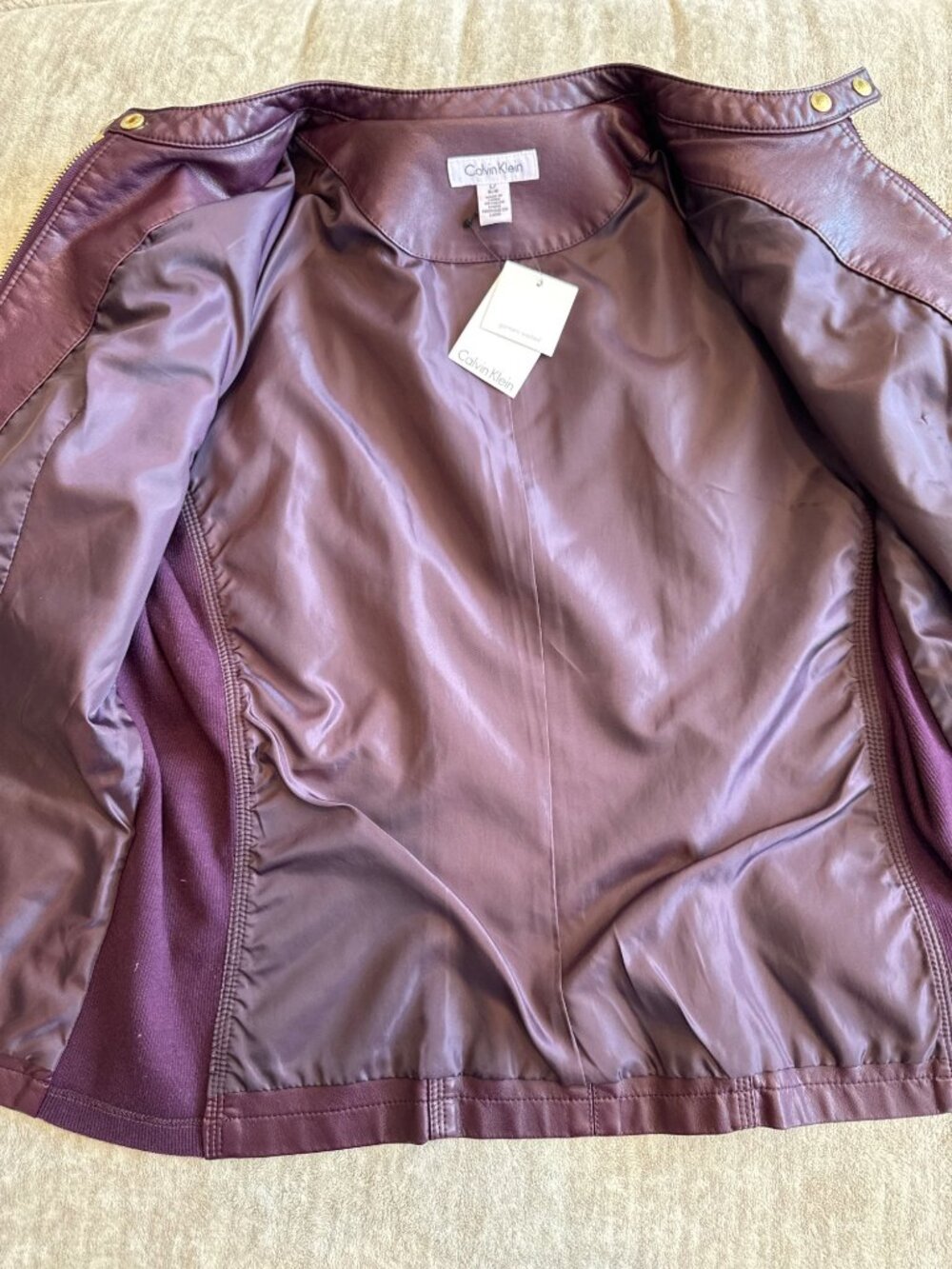 Calvin Klein Merlot Faux Leather Jacket Gold Zippers Women's Large NWT - Picture 8 of 8